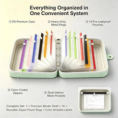 Travel Pill Organizer Binder with 14 Coded Zipper Pouches Waterproof Exterior 3-Ring Writable Labels Crush-Resistant Shell