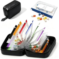 Travel Pill Organizer Binder with 14 Coded Zipper Pouches Waterproof Exterior 3-Ring Writable Labels Crush-Resistant Shell