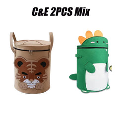 Kids Toy Storage Bag with Lid Cartoon Design DustProof Fabric Clothes Organizer Bin for Home Nursery Room Organization