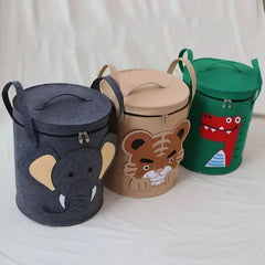 Kids Toy Storage Bag with Lid Cartoon Design DustProof Fabric Clothes Organizer Bin for Home Nursery Room Organization