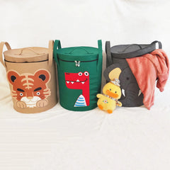 Kids Toy Storage Bag with Lid Cartoon Design DustProof Fabric Clothes Organizer Bin for Home Nursery Room Organization