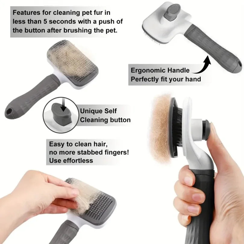Pet Grooming Brush with One-Click Hair Removal, Bent Needle Massaging Comb for Dogs & Cats