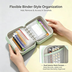 Travel Pill Organizer Binder with 14 Coded Zipper Pouches Waterproof  Exterior 3-Ring Writable Labels Crush-Resistant Shell