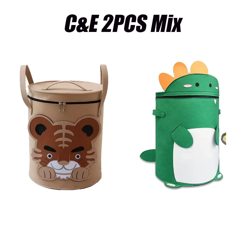Kids Toy Storage Bag with Lid Cartoon Design DustProof Fabric Clothes Organizer Bin for Home Nursery Room Organization