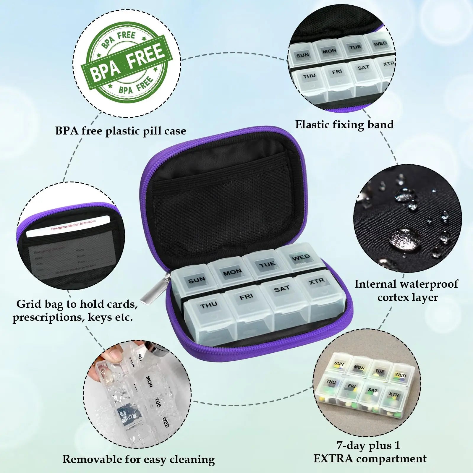 Travel Pill Organizer with Removable 7-Day Box, Stylish & Portable Case