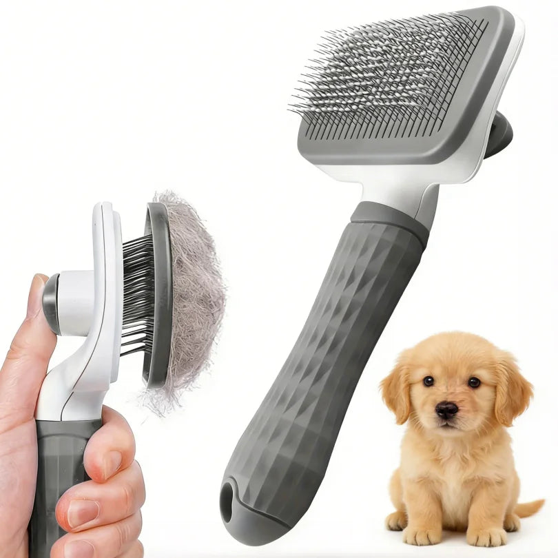 Pet Grooming Brush with One-Click Hair Removal, Bent Needle Massaging Comb for Dogs & Cats