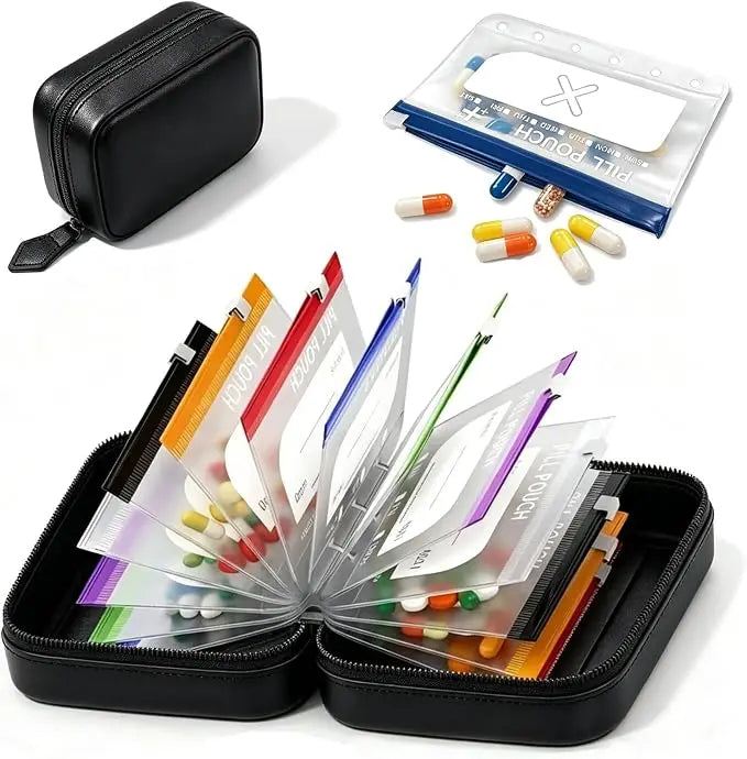 Travel Pill Organizer Binder with 14 Coded Zipper Pouches Waterproof  Exterior 3-Ring Writable Labels Crush-Resistant Shell
