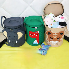 Kids Toy Storage Bag with Lid Cartoon Design DustProof Fabric Clothes Organizer Bin for Home Nursery Room Organization