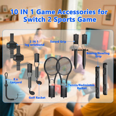 2025 Switch Sport Accessories Bundle for Switch 2 10-in-1 Game Set Includes Sword Boxing Tennis Racket Leg Straps Golf