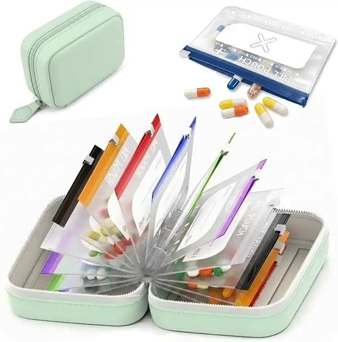 Travel Pill Organizer Binder with 14 Coded Zipper Pouches Waterproof  Exterior 3-Ring Writable Labels Crush-Resistant Shell