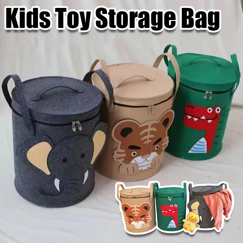 Kids Toy Storage Bag with Lid Cartoon Design DustProof Fabric Clothes Organizer Bin for Home Nursery Room Organization