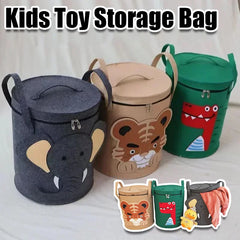 Kids Toy Storage Bag with Lid Cartoon Design DustProof Fabric Clothes Organizer Bin for Home Nursery Room Organization