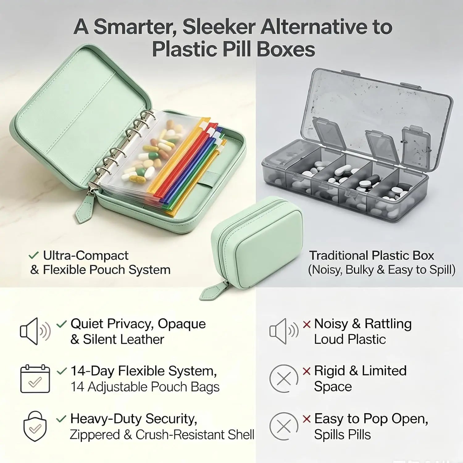 Travel Pill Organizer Binder with 14 Coded Zipper Pouches Waterproof  Exterior 3-Ring Writable Labels Crush-Resistant Shell