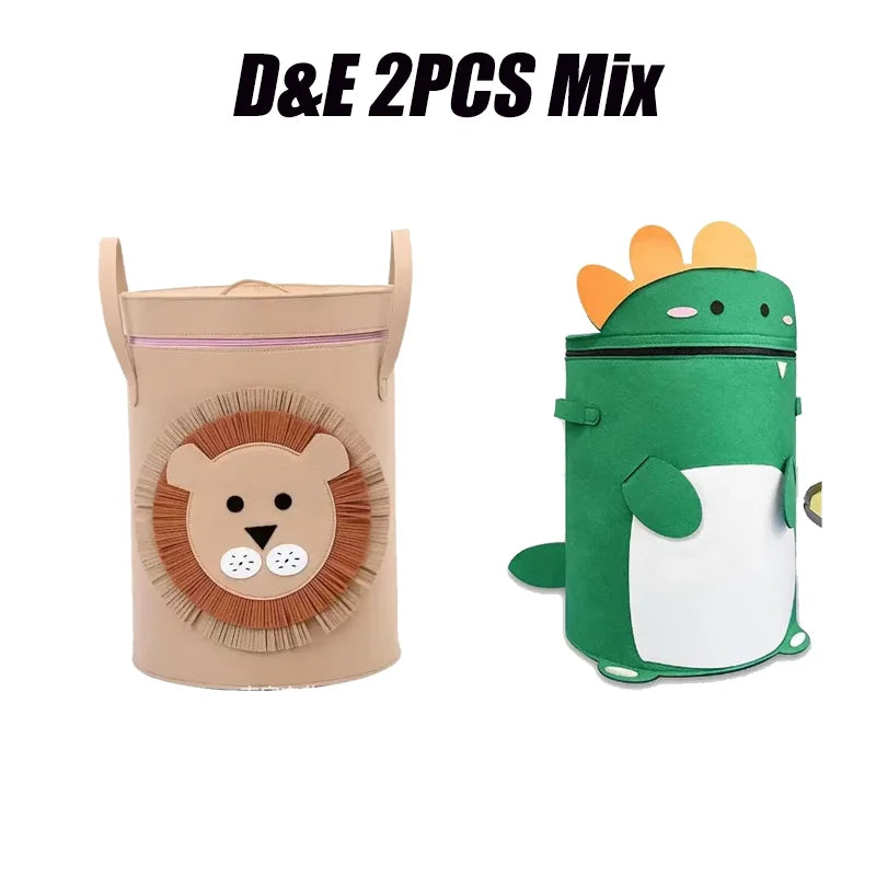 Kids Toy Storage Bag with Lid Cartoon Design DustProof Fabric Clothes Organizer Bin for Home Nursery Room Organization